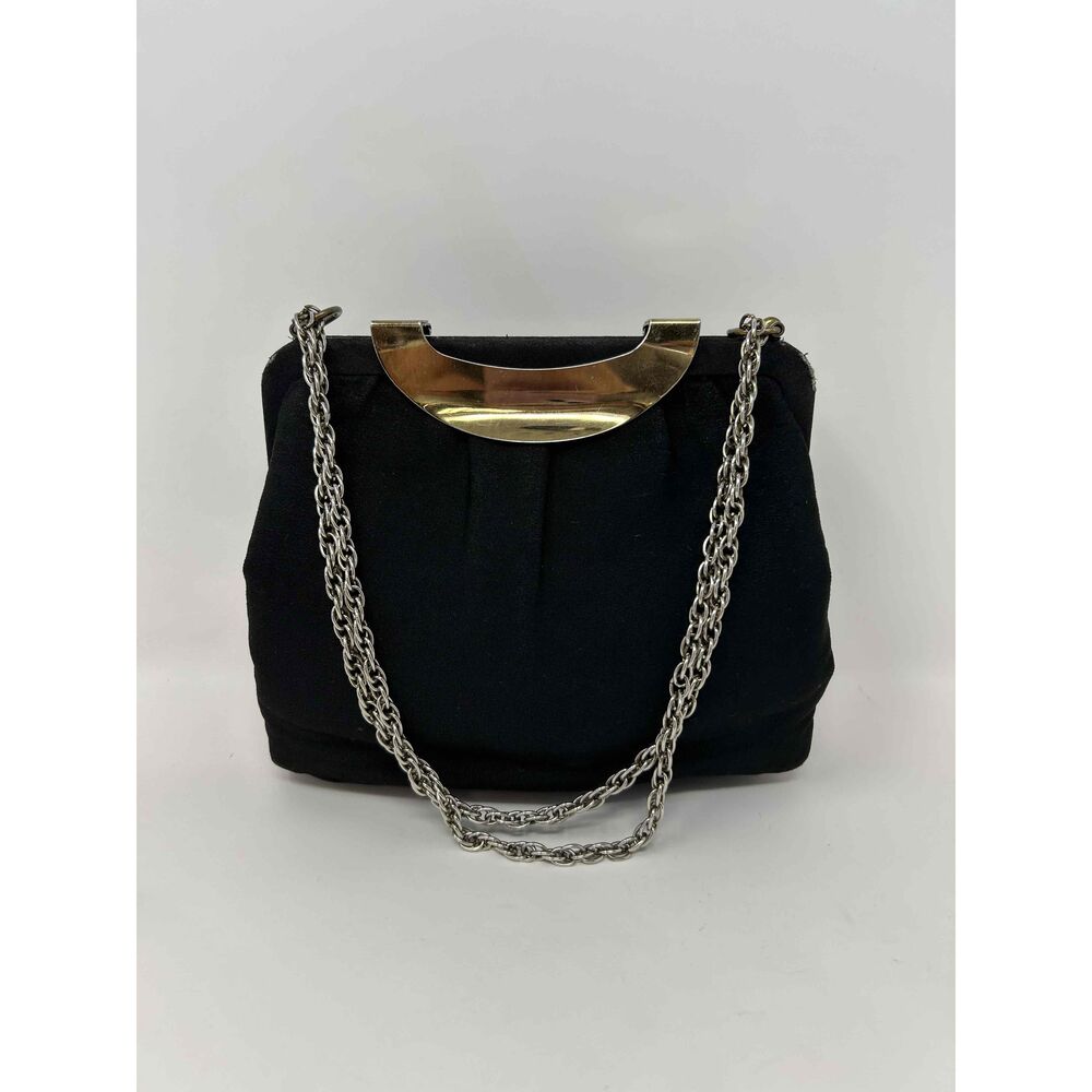 Vintage 1950 Black Purse Handbag Clutch Gold Chain Strap Hollywood Retro
